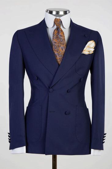 Dark Navy Double Breasted Peaked Lapel Close Fitting Stylish Men Suits_2