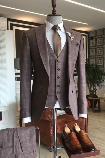 Hale Burgundy Check Three Piece Slim Fit Custom Business Suit_1