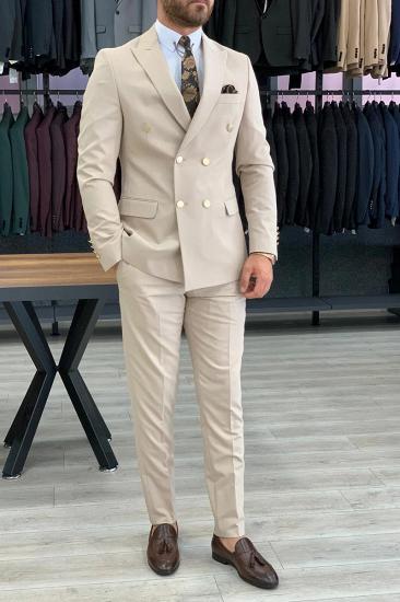 James Beige Slim Fit Wool Blend Men Double Breasted Two Piece Suit | Metal Buttons With Silk Lining_2
