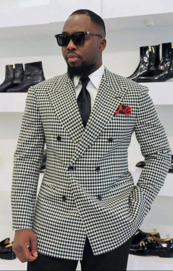 Men Black White Houndstooth Double Breasted Blazer Custom Slim Fit Formal Suit Jacket For Wedding Business Prom_2