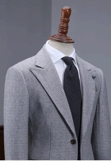 Stylish Grey Houndstooth Peak Lapel Single Breasted Mens Business Suit_5