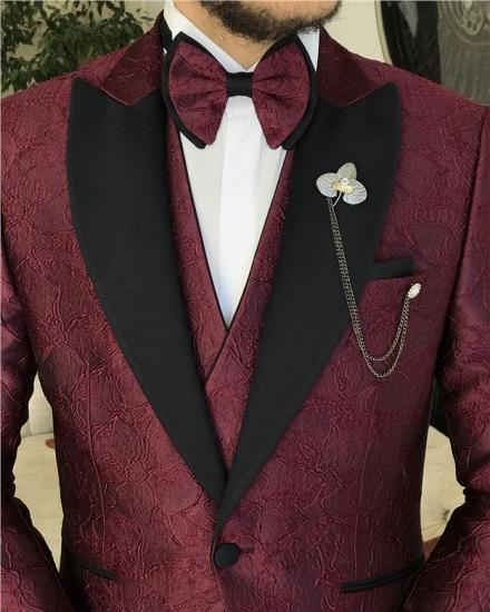 Burgundy Three Piece Jacquard Pointed Collar Men Wedding Suit_5
