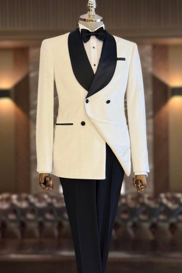 Black Satin Lapel Double Breasted Diamond Jacquard Fashionable Mens Wedding Suit_1