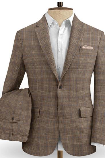 Brown Casual Two Piece Mens Suit |  Linen Plaid Slim Fit Tuxedo_2