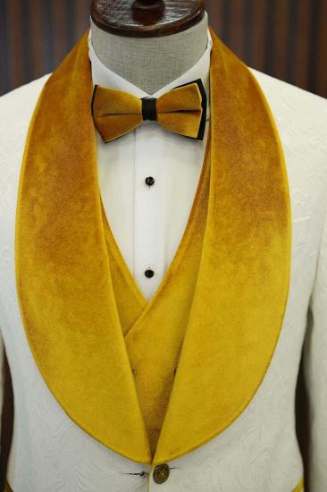 Brady Yellow Velvet Shawl Lapel Jacquard Mens Slim Three Piece Tuxedo Suit_3