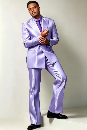 Shiny Lavender Satin Two Piece Suit Men Custom Wide Leg Flared Trousers Formal Suit For Prom Wedding Gala Party