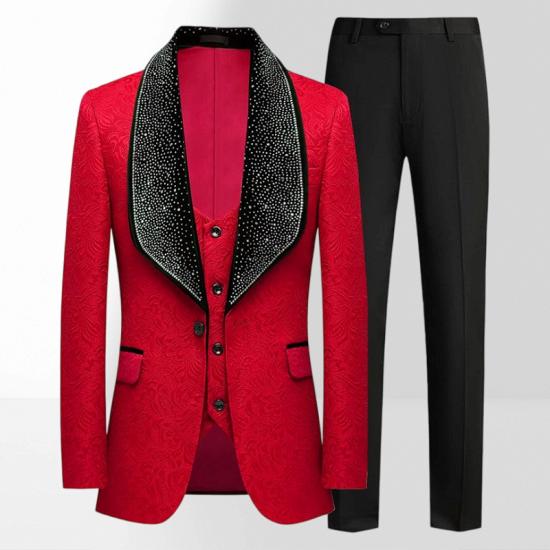 Men's Red 3-Piece Jacquard Suit with Rhinestone Shawl Lapel & Prom Tuxedo_2