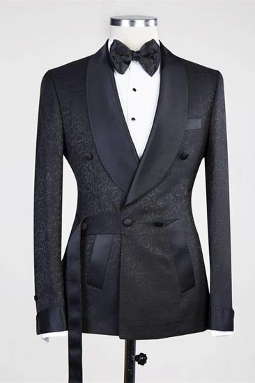 Ernesto Black Double-Breasted Cape Lapel Jacquard Wedding Suit_1
