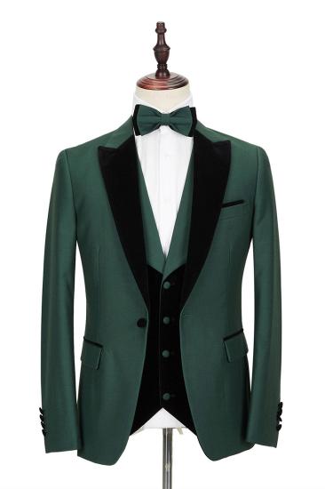Black Peak Lapel Dark Green Mens Wedding Suit | Velvet Banding Edge Formal Suit_1