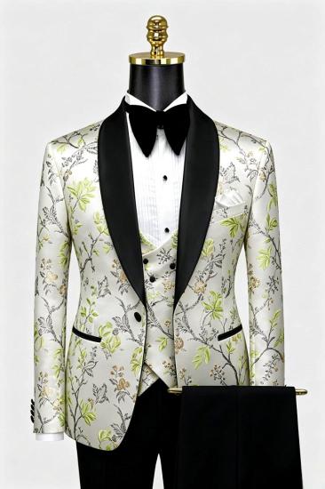Men's White Floral Jacquard Tuxedo 3 Piece Set Black Shawl Lapel Wedding Suit With Vest & Black Pants_1