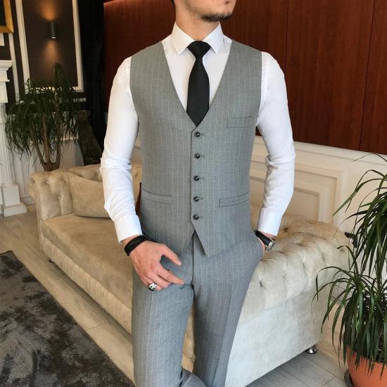 Mark Three Piece Peak Lapel Gray Striped Business Men Suits | Three Piece Twill Suit_4