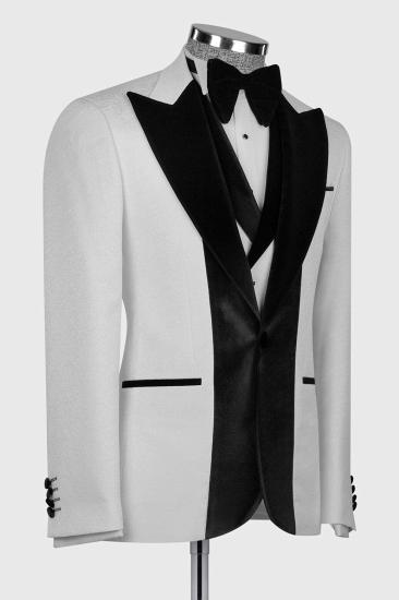 White Jacquard Wedding Suit with Black Velvet Groom Three Piece Suit_2
