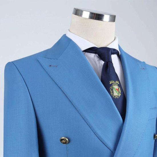Formal Blue Double Breasted Point Collar Business Suit_2