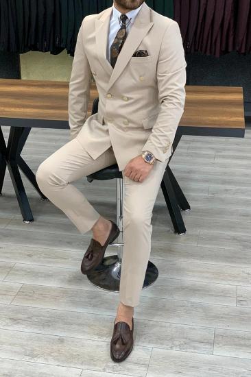 James Beige Slim Fit Wool Blend Men Double Breasted Two Piece Suit | Metal Buttons With Silk Lining_3
