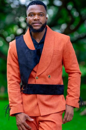 Brady Modern Orange Shawl Lapel Double Breasted Two Piece Prom Suits With Navy Sash_2