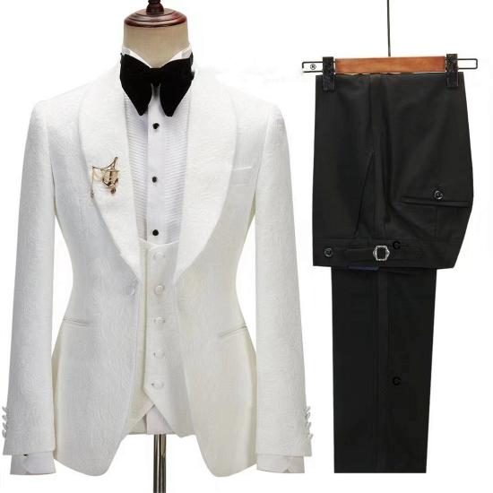 Gentle White Jacquard Shawl Lapel Three Pieces Wedding Suits | White Wedding Suits_2