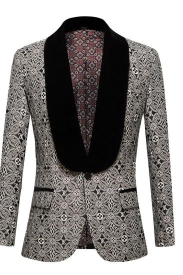 New Black Slim Fit Shawl Collar Jacquard Mens Prom Two Piece Suits_1