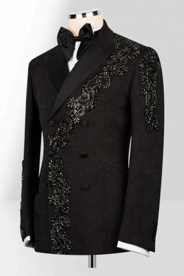 Men's Black Double-Breasted Tuxedo with Beaded Embroidery Prom Suit | Bradymensuit_3