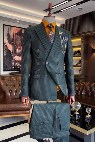 Dark Green Gold Striped Men Double Breasted Dinner Two Piece Suits_1