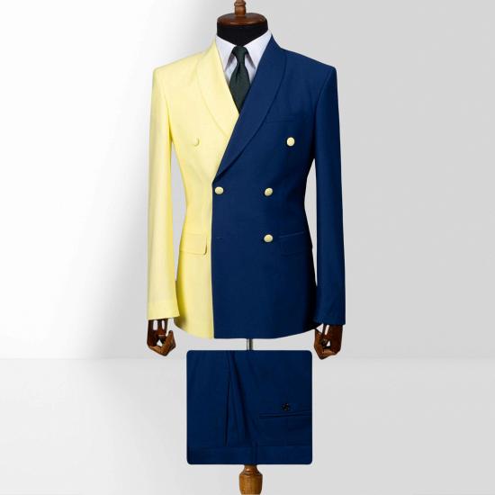 Yellow And Dark Blue Double Breasted Shawl Collar Slim Mens Two Piece Suit_3
