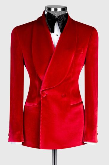 Fashion Slim Fit Red Velvet Double Breasted Men's Two Piece Prom Suit_1