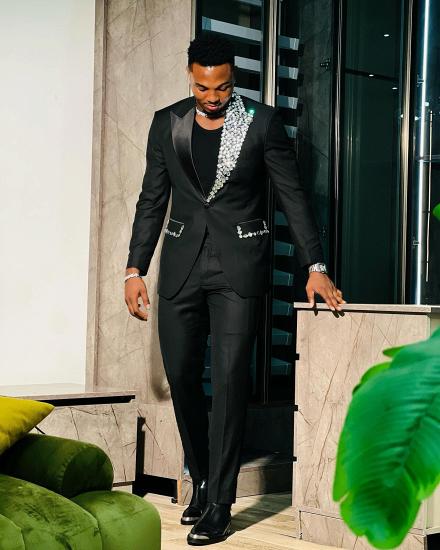 Brady Black One Button Velvet Peaked Lapel Two Piece Prom Suits With Crystal_2