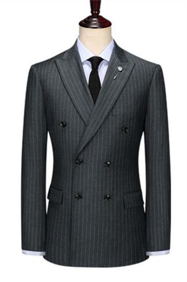 Double Breasted Black Mens Jacket |  Peak Lapel Grey Striped Blazer Online