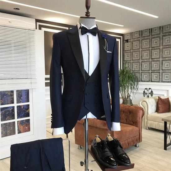 Black Pointed Lapel Fashion Dark Blue Prom Men Suit_2