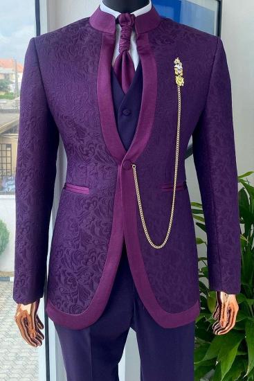 Slim Fit Stand Collar Purple Jacquard 3-Piece Prom Suit, Formal Evening Wear_1