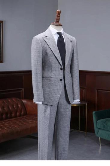 Stylish Grey Houndstooth Peak Lapel Single Breasted Mens Business Suit_4
