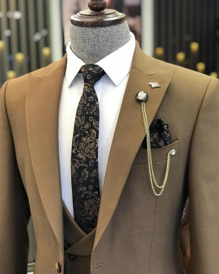 Modern Brown Large Peak Collar One Button Mens Three Piece Suits_2