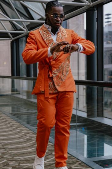 New Chic Orange Shawl Lapel Two Piece Prom Suits With Gold Appliques
