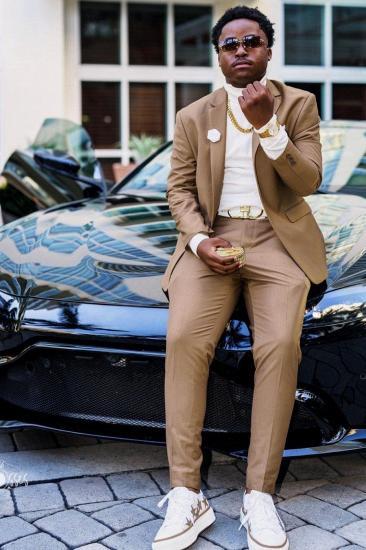 Dn Simple Khaki Notched Lapel One Button Two Pieces Prom Suits_1