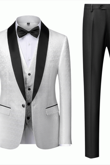 Gentle Black And White Men Wedding Tuxedos | Satin Shawl Lapel Jacquard Prom Suits_2