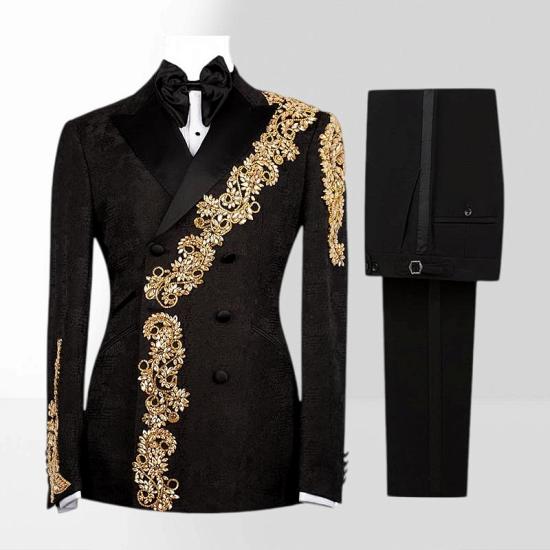 Brady Men's Black Double-Breasted Tuxedo with Gold Embroidery Prom Suit_5
