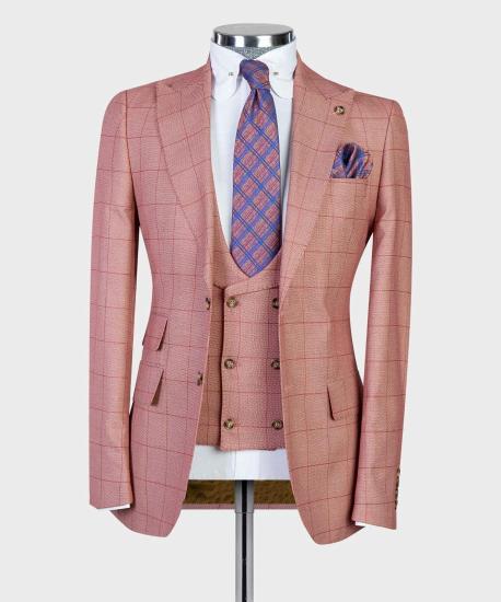 Fashion Pink Plaid Slim Pointed Collar Three Piece Men Suit_3
