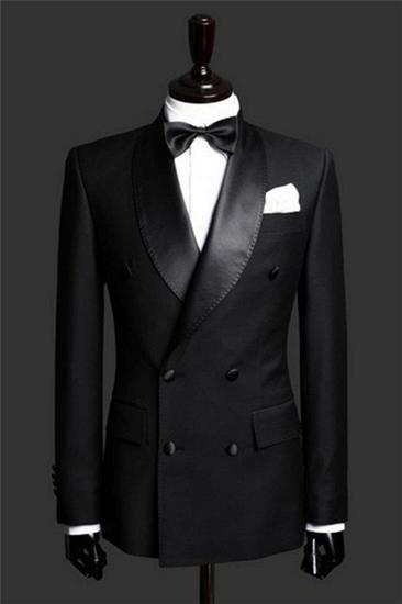 Black Double Breasted Wedding Suit Tuxedo |  Satin Lapel for Wedding/Prom 2 Pieces (Jacket   Pants)_2