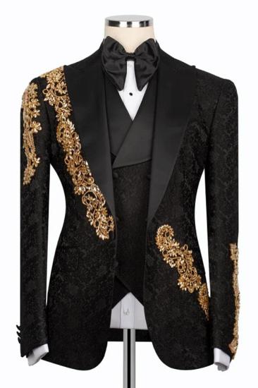 Brady Gold Crystals Appliques Black Three Piece Jacquard Mens Suit_2