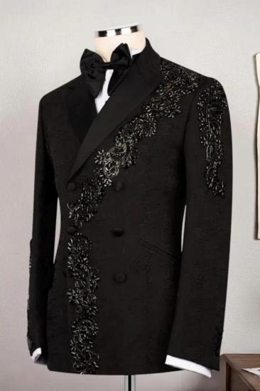 James Generous Black Jacquard Double Breasted Prom Suits With Beadings_2