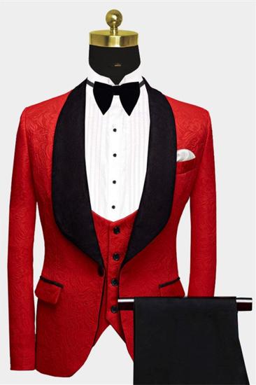 Trendy Red Floral Tuxedo | Custom Three-Piece Black Lapel Mens Suit_1
