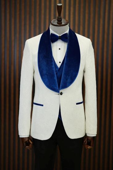 Brady Blue Velvet Shawl Lapel Jacquard Mens Slim Three Piece Tuxedo Suit_1