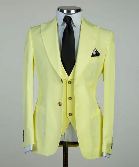 Light Yellow Pointed Collar Three Piece Men Business Suit_5