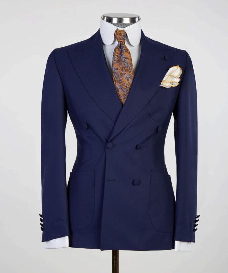 Dark Navy Double Breasted Peaked Lapel Close Fitting Stylish Men Suits_5