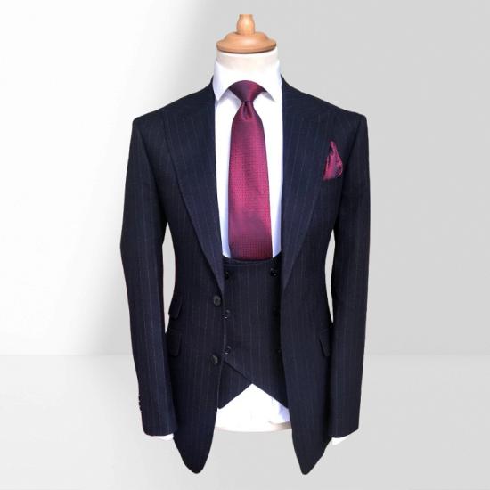 Remington Blue Striped Three Pieces Peaked Lapel Business Suits_2
