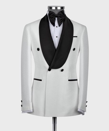 White Two-Piece Black Shawl Lapel Double Breasted Wedding Suit_4