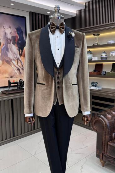 Brady Bespoke Light Coffee Velvet Three Piece Prom Suits With Navy Pants
