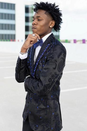 Justin Stylish Black Jacquard Peaked Lapel 3-Piece Beaded Prom Suit | Bradymensuit_3