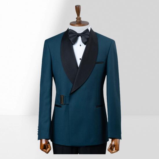 Slim Fit Ocean Blue Shawl Collar Two Piece Suit | Adjustable Metal Buttons_2