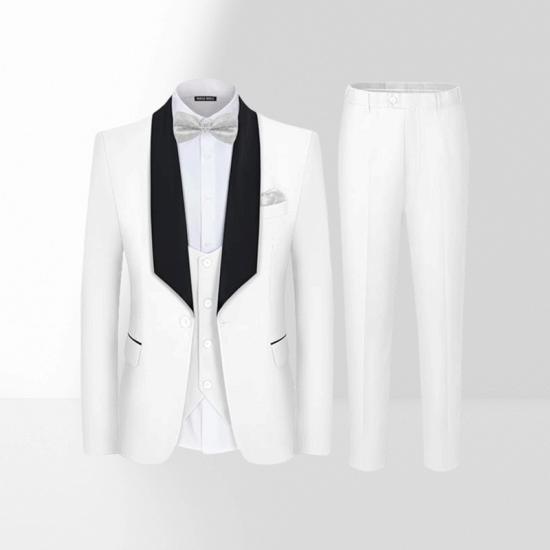 White Slim Black Shawl Collar Single Breasted Men's Three Piece Wedding Tuxedo_2