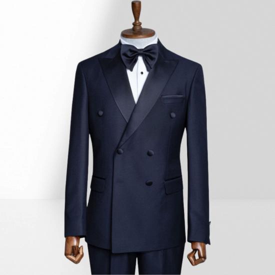 Navy Blue Peak Collar Double Breasted Men Peak Collar Two Piece Suit_3